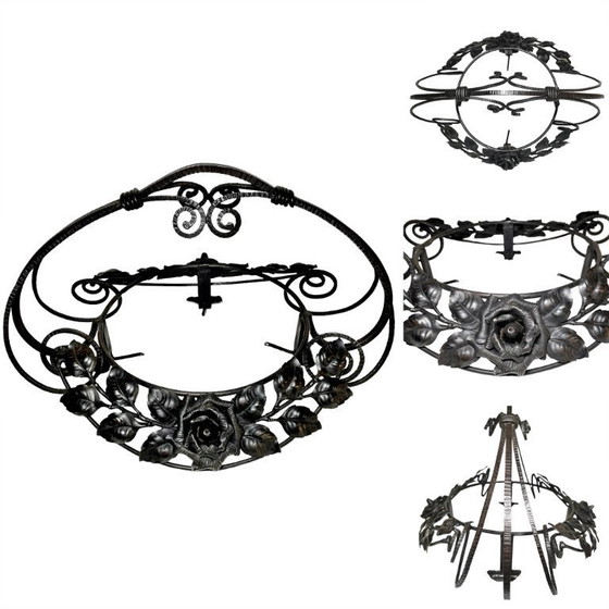 Image 1 of Panier floral Art Déco français - Centre de table : coupe à fruits en verre et fer forgé Delatte Nancy