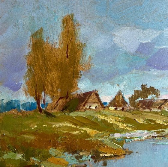 Image 1 of Origineel olieverfschilderij: Kustdorplandschap - Er stroomt een rivier vlakbij het dorp.