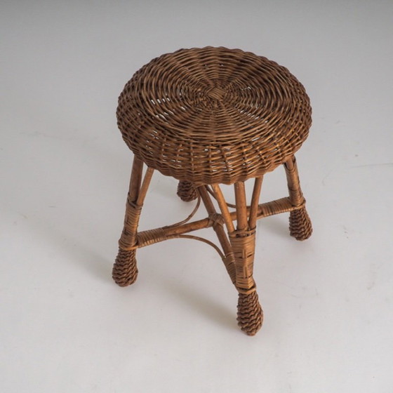 Image 1 of Tabouret vintage en rotin et osier – Support pour plantes