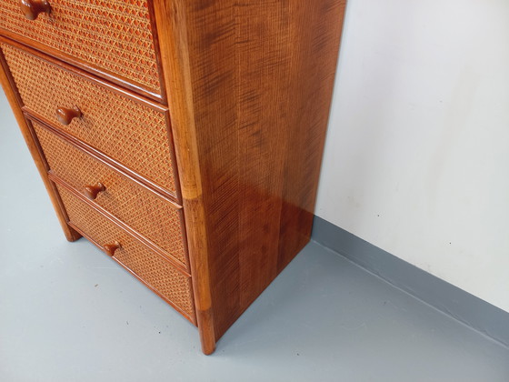 Image 1 of Commode Chiffonnier Semainier Vintage en Rotin, Bois et Cannage des Années 70