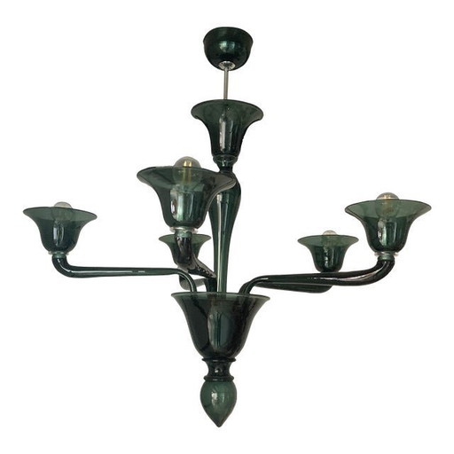 Lámpara de araña contemporánea de cristal de Murano translúcido estilo botella verde
