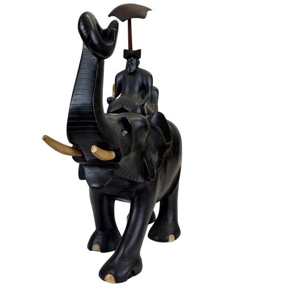 Koloniale Ebbenhouten Olifant Beeldhouwkunst met Mahout – Handgesneden Aziatische Beeldhouwkunst – 32 cm (photo 10 of 10)