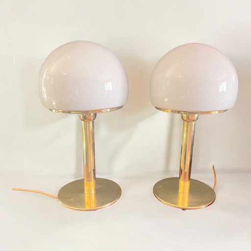 Set of 2 Bauhaus table lamps in Wagenfeld design WA 24 produced by Eckert Glas, Germany 1930s / 40s. Brass with opal glass