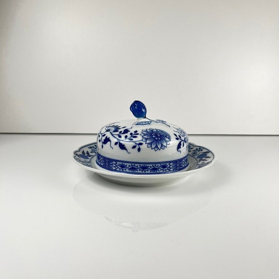 Image 1 of Grote ronde botervloot Hutschenreuther blauw uien porselein Duitsland vintage zeldzaam