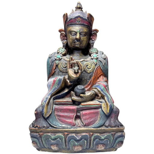 Rara Karma Pakshi (2º Karmapa) del siglo XVII – Escultura de madera policromada calidad museo – 44 cm – Consagración intacta