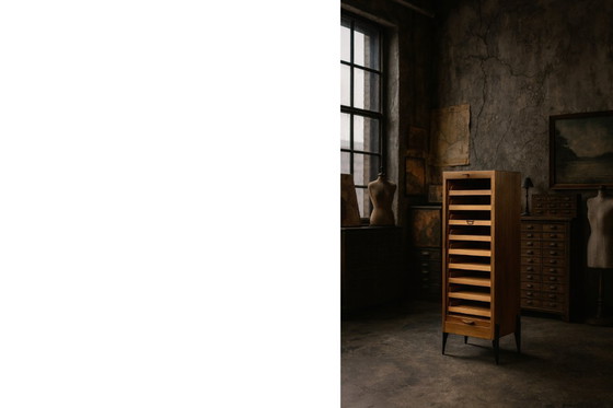 Image 1 of Vintage industriële Deense rolluikkast van bruin eikenhout met meerdere lades, jaren 50