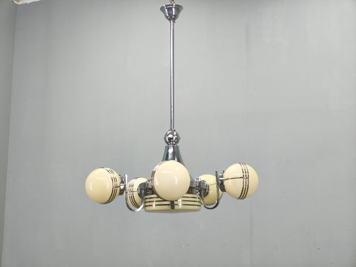Art Deco kroonluchter van chroom en glas, 5 bollen, jaren 1930