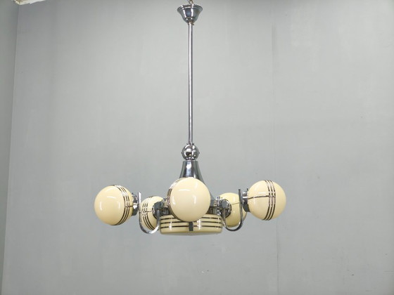 Image 1 of Art Deco kroonluchter van chroom en glas, 5 bollen, jaren 1930