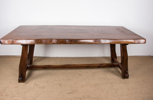Large Brutalist style dining table, farmhouse style, in solid elm in the style of Olavi Hanninen 1960.