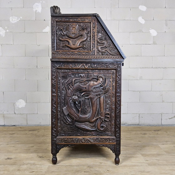 Image 1 of Antique 19th Century Chinese Writing Desk Mythological Dragon Wood Carving / Bohemian / Asian / Oriental (Huanghuali Wood)