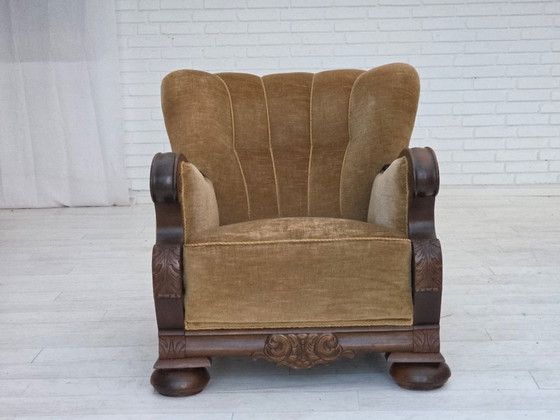 Image 1 of 1960s, Danish armchair, original green furniture velour, carved oak wood.