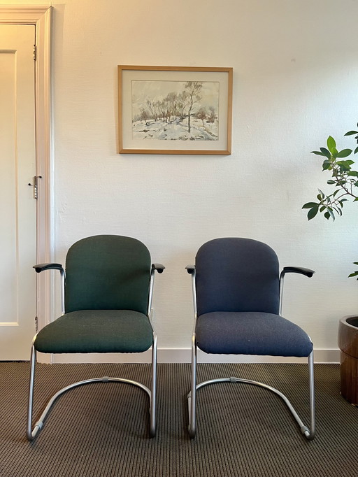 2x Gispen 413 chair - green & blue (reupholstered)