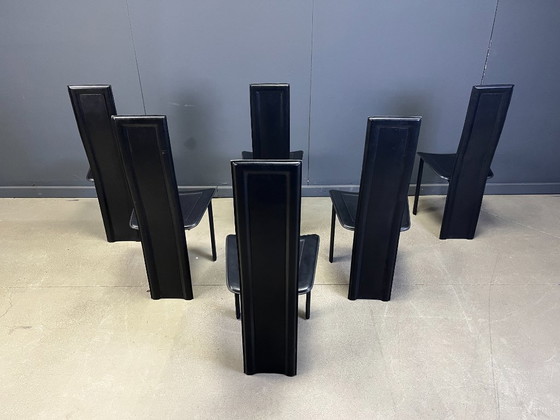 Image 1 of Vintage zwarte leren eetkamerstoelen, set van 6, jaren 80