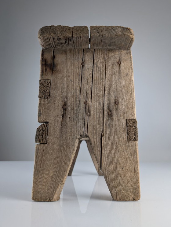 Image 1 of Antique Wood Stool, Wabi Sabi Style, Old Artisan Craftsmanship