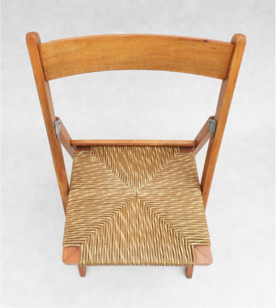 Sedie pieghevoli vintage francesi in faggio, anni '70, set di 6, Legno, Rattan, Beige (foto 6 di 9)