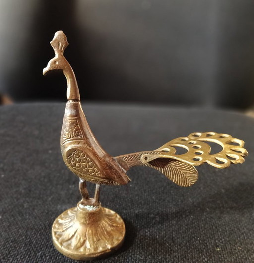 Vintage Finely Engraved Brass Kohl Holder in the Shape of a Peacock