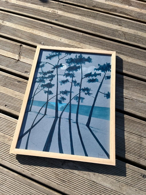 Blauwe Oost-Indische inkt op 250g getint papier.  Formaat 40x30cm.