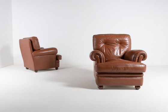 Image 1 of Paire de fauteuils club en cuir marron des années 1970, Italie