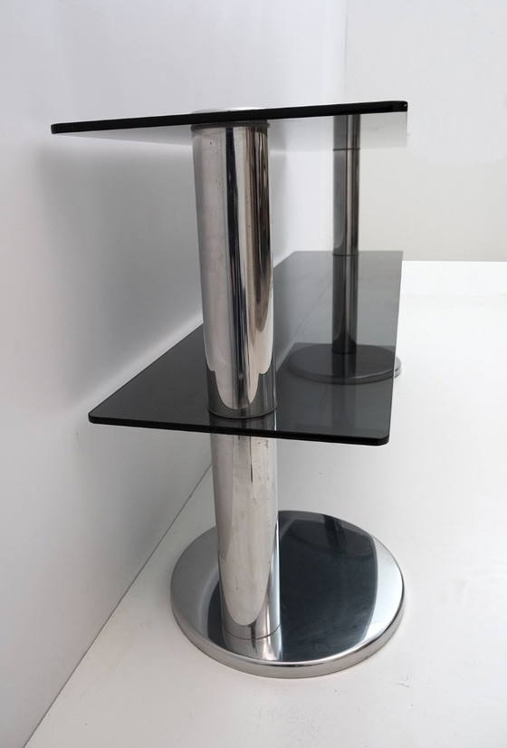 Image 1 of Mid-Century Modern Italienische Konsole aus verchromtem Stahl und Rauchglas, 1970er Jahre