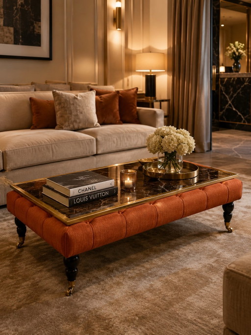 Pouf/table basse/ottoman matelassé orange fait main (DEM Culemborg) avec pieds à roulettes – salontafels, Textile