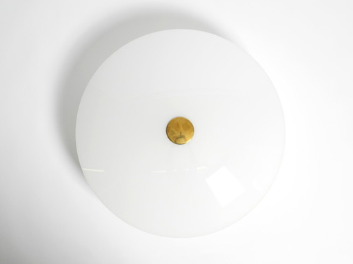 Large 80s Florian Schulz, Gela 55, brass opal glass round ceiling lamp with five E27 sockets