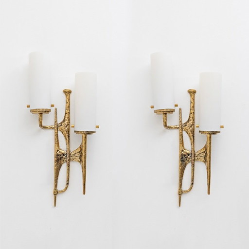 Paire d'appliques murales brutalistes en bronze et verre de Murano par Felix Agostini, années 90