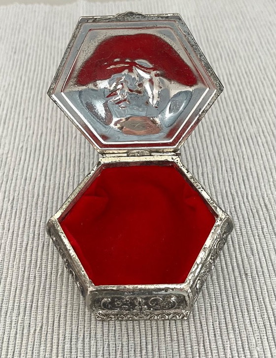 Image 1 of Antique, beautifully decorated silver-plated storage box/jewelry chest. Made in England.