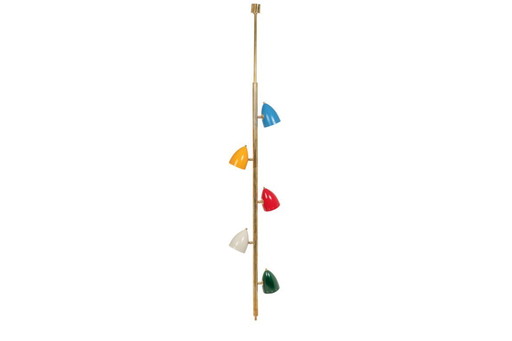 Tubular hanging lamp in patinated and lacquered brass. Contemporary