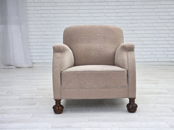 Image 1 of 1950s Danish Art Deco Armchair, Quality Beige Furniture Wool, Oak Wood Legs