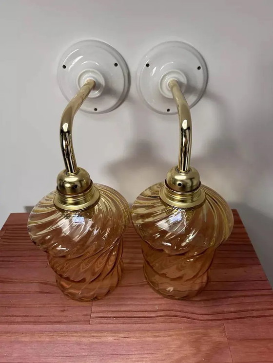 Image 1 of Set Of 2 Vintage Gold Glass Wall Sconces