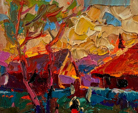 Original Oil Painting Rural Evening Landscape Sunset Village Glow – Paintings & Drawings, Canvas (photo 7 of 8)