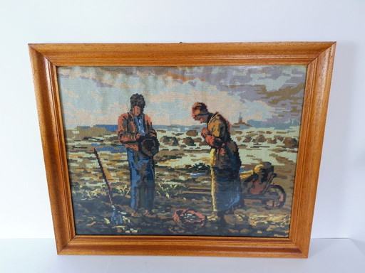 Vintage Framed Needlepoint "The Angelus" by Millet – Hand Embroidered Wall Art – Rustic Farmhouse Decor – Religious Christian Ar