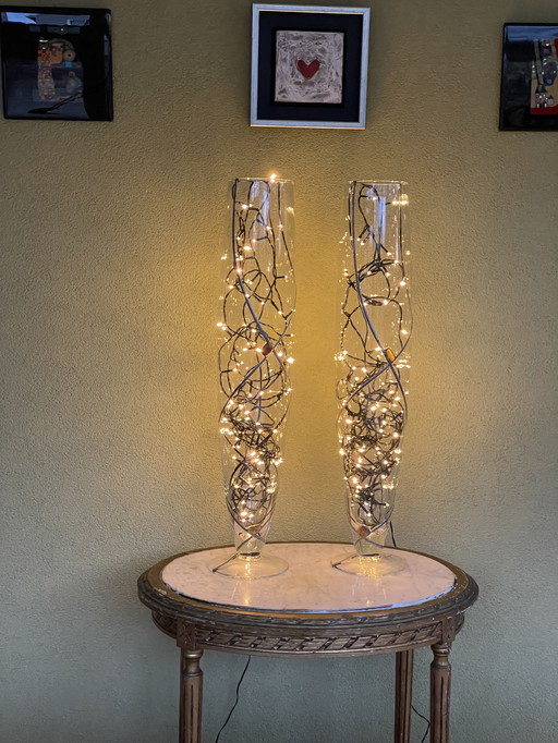 Set van 2 unieke mondgeblazen vazen bewerkt met loodstrip en barnsteen