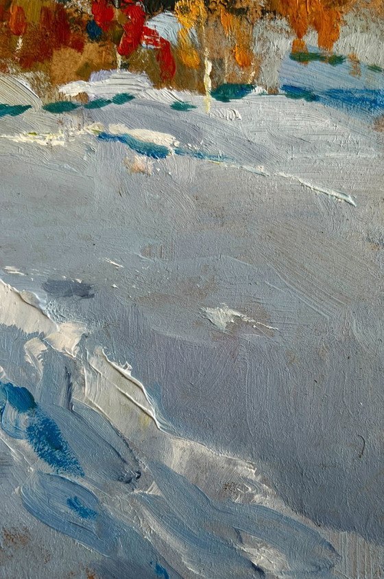 Image 1 of Original Oil Painting Winter Forest Landscape Walking in the winter forest