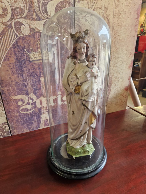 Antique bell jar with statue of Mary 55x25