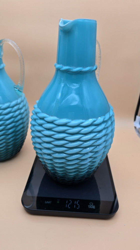 Pair of Vintage Turquoise Opaline Glass Jugs - Empoli, 1950s/1960s – Glass art (photo 5 of 5)