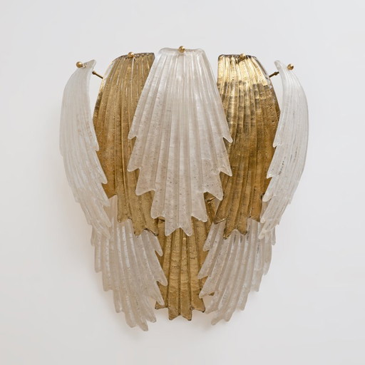 Italian Art Deco Style Murano Glass and Brass Leaf Wall Sconces, Pair