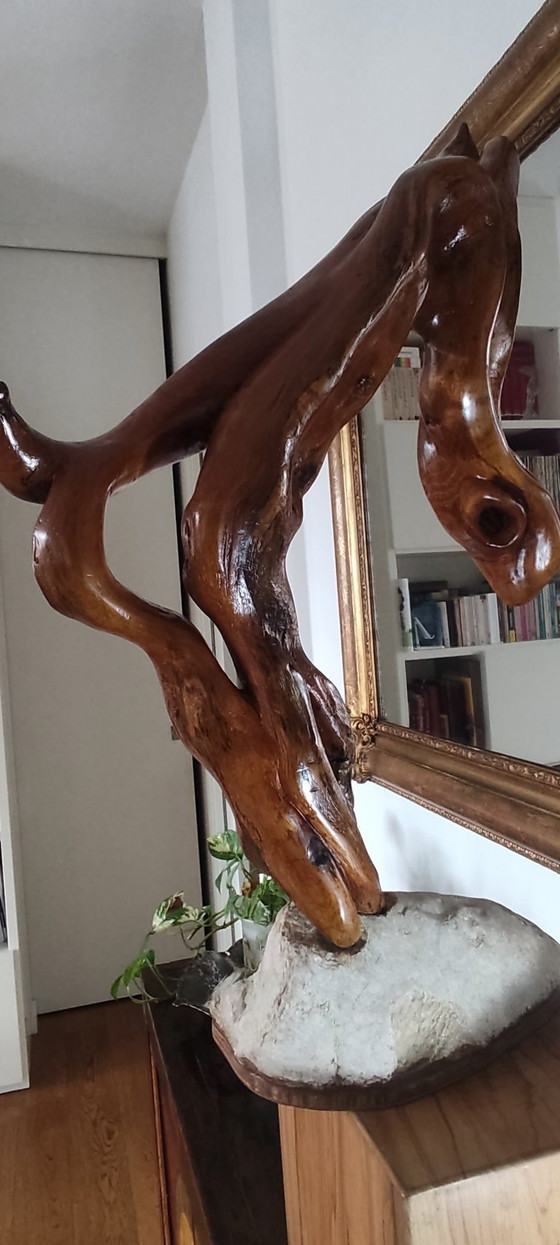 Image 1 of Organic Sculpture "Greyhound" in Solid Wood on a Stone Base – Biomorphic Natural Art
