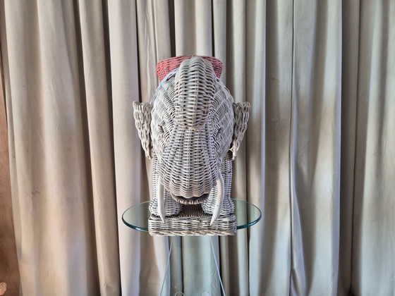 Image 1 of Vintage white and pink wicker elephant