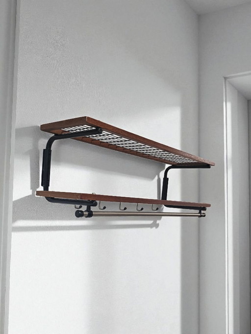 Rare Mid Century Teak Metal Wall Coat Rack, Made in Sweden