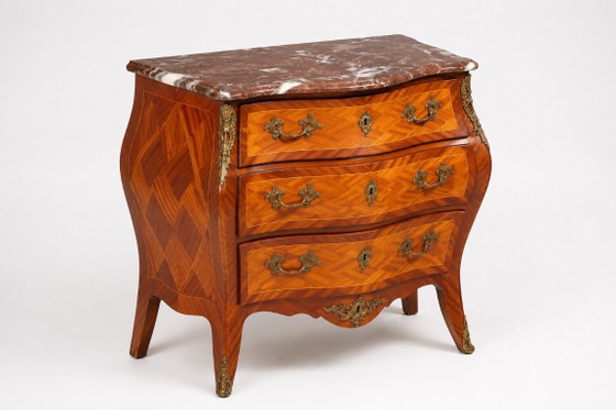 Image 1 of Marquetry Chest of Drawers — Mixed-Wood Veneer, Brass Mounts & Marble Top, 20th Century