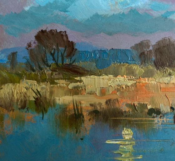 Image 1 of Origineel olieverfschilderij: Zomerlandschap aan het meer, in een veld vlakbij het meer.