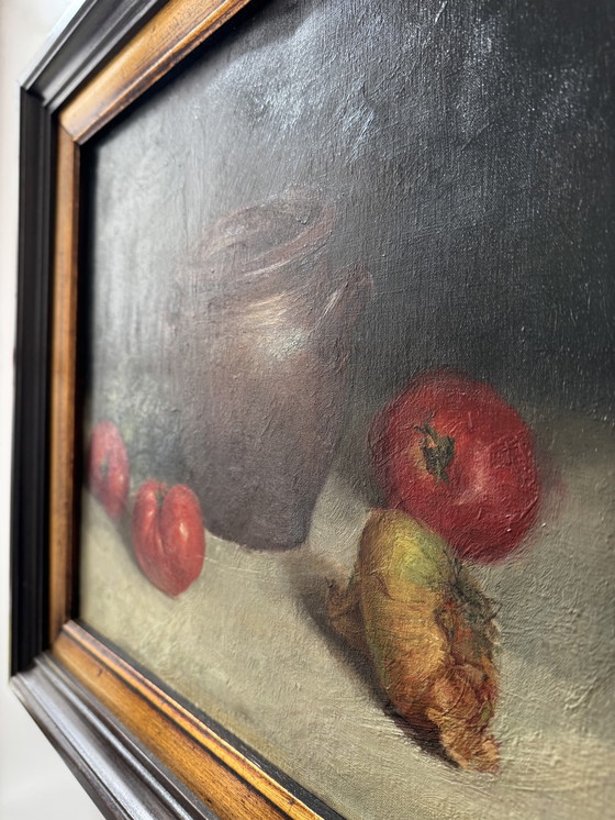 Image 1 of Still life painting, oil on antique canvas