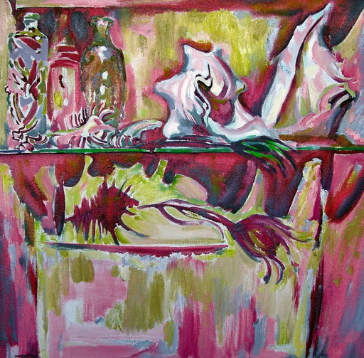Origineel olieverfschilderij Expressionisme Flessen Stilleven met gootsteen