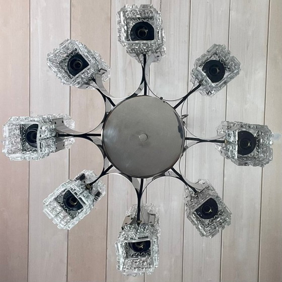 Image 1 of Italian 1970s Chandelier Attributed to Targetti, 16 Lights, Art Glass & Chrome Steel. Modernist Design