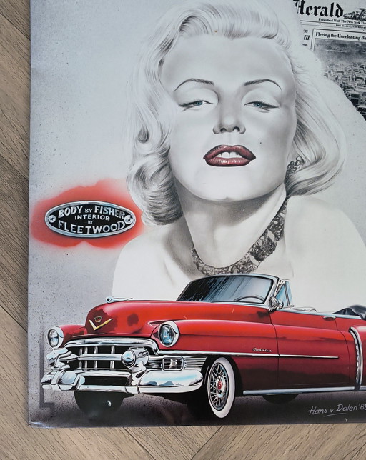 Large enamel sign of Marilyn Monroe and her Corvette. Signed