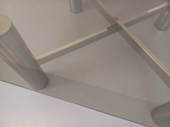 Image 1 of Vintage Italian square Space Age coffee table in smoked glass and chrome metal from the 1970s