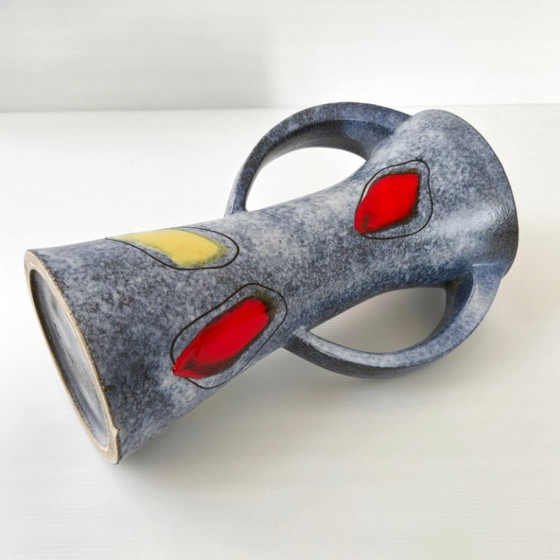 Image 1 of IMPORTANT VINTAGE 1950 VASE WITH 2 HANDLES, RED & YELLOW CERAMIC, 50S ROCKABILLY