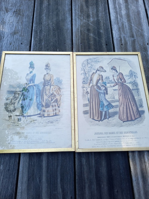 Conjunto de 2 grabados antiguos franceses de moda (siglo XIX)