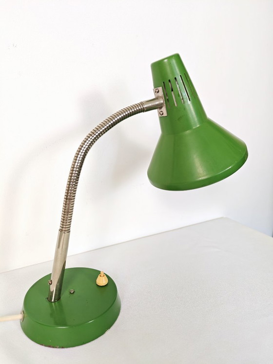 Image 1 of Green Gooseneck Desk Lamp: Vintage Industrial Lighting, Yugoslavia